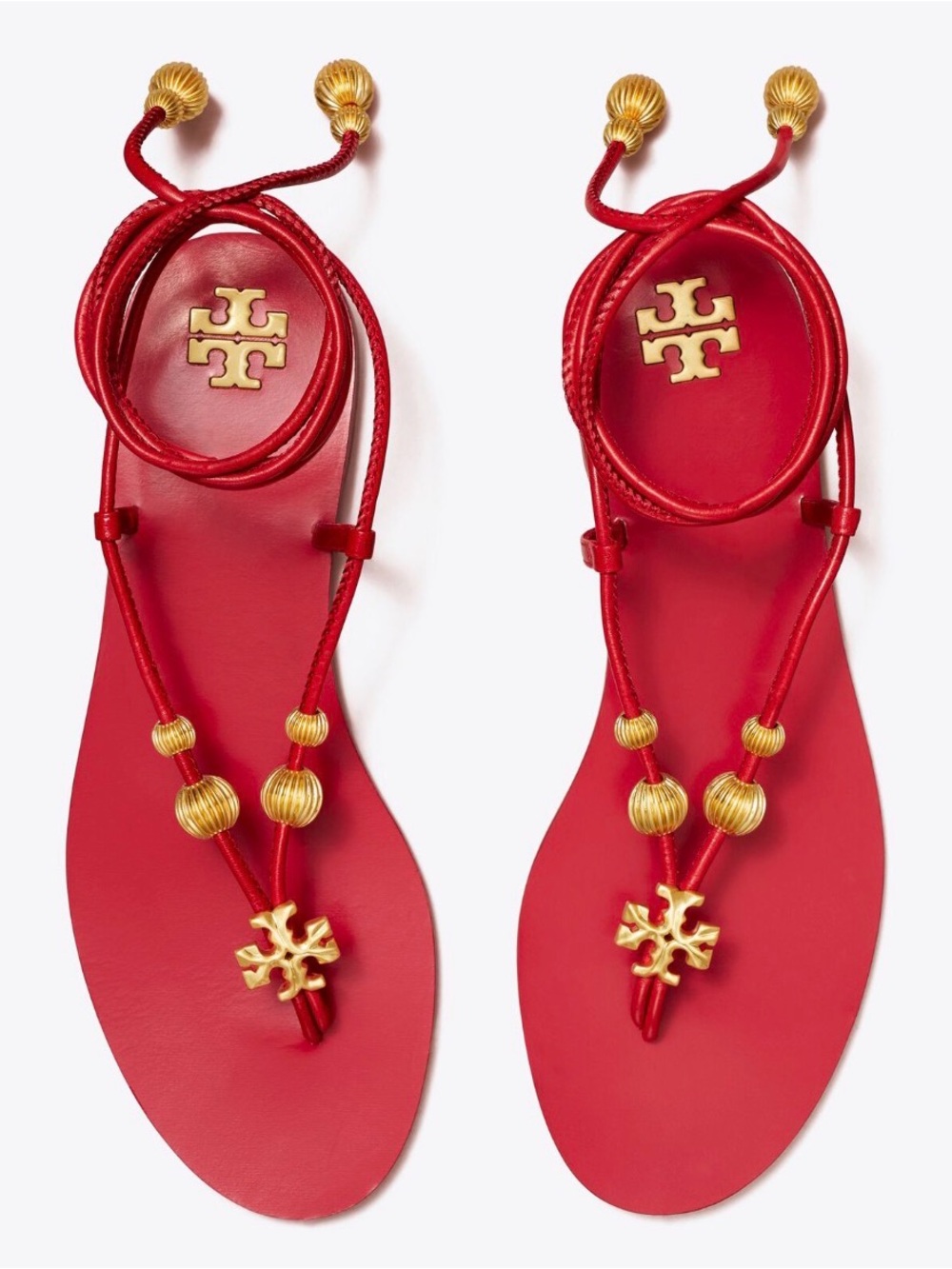 Tory Burch Red Leather Lace-Up Sandals with Gold Bead Accents